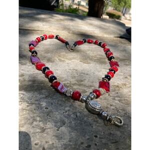 HANDMADE Red and Black Swirl Lanyard - Double Strand Necklace